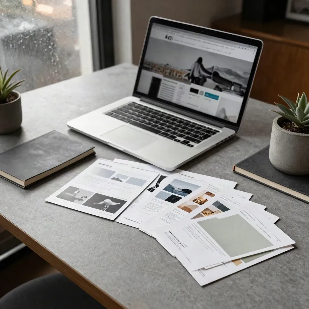 Angled laptop, website flow cards, slate notebook, and plant on a rain-lit design desk.