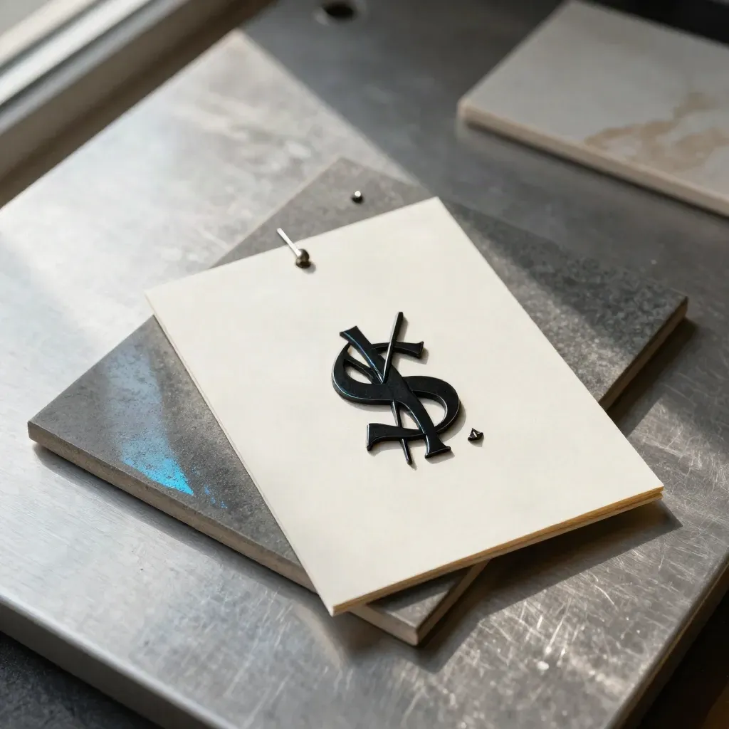 Black logo emblem on a cream proof card with sample tiles and a metal pin, top-down in soft daylight.