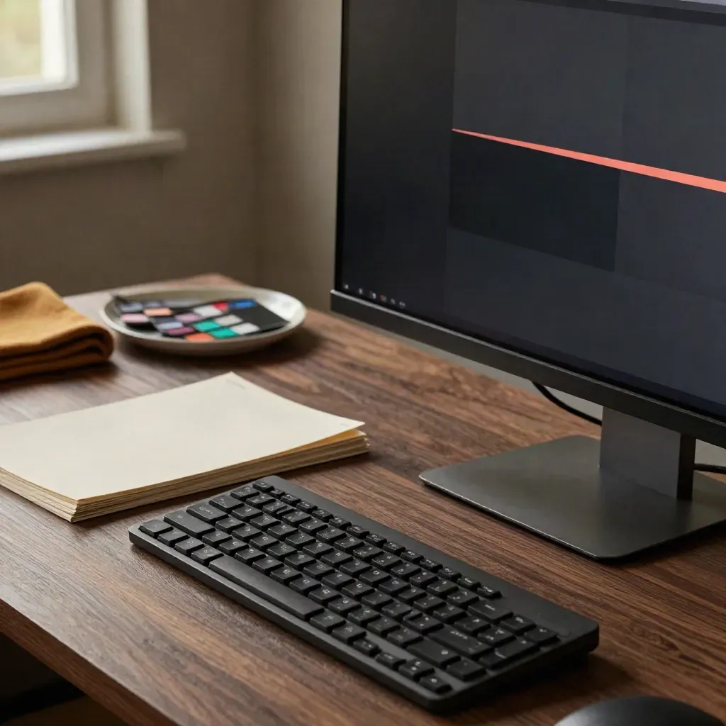 Angled monitor with dark UI beside charcoal keyboard, paper mockups and ceramic tray in warm late-afternoon light.