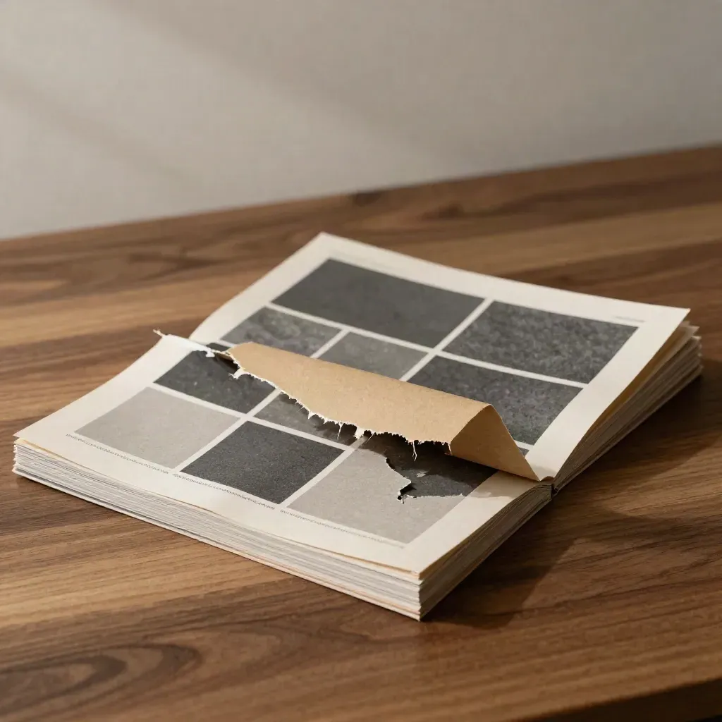 Layered design mockups with uneven margins and kraft divider on walnut surface