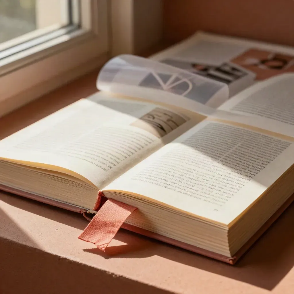Open case-study book with layered spreads, coral linen bookmark and translucent sheet in warm window light.