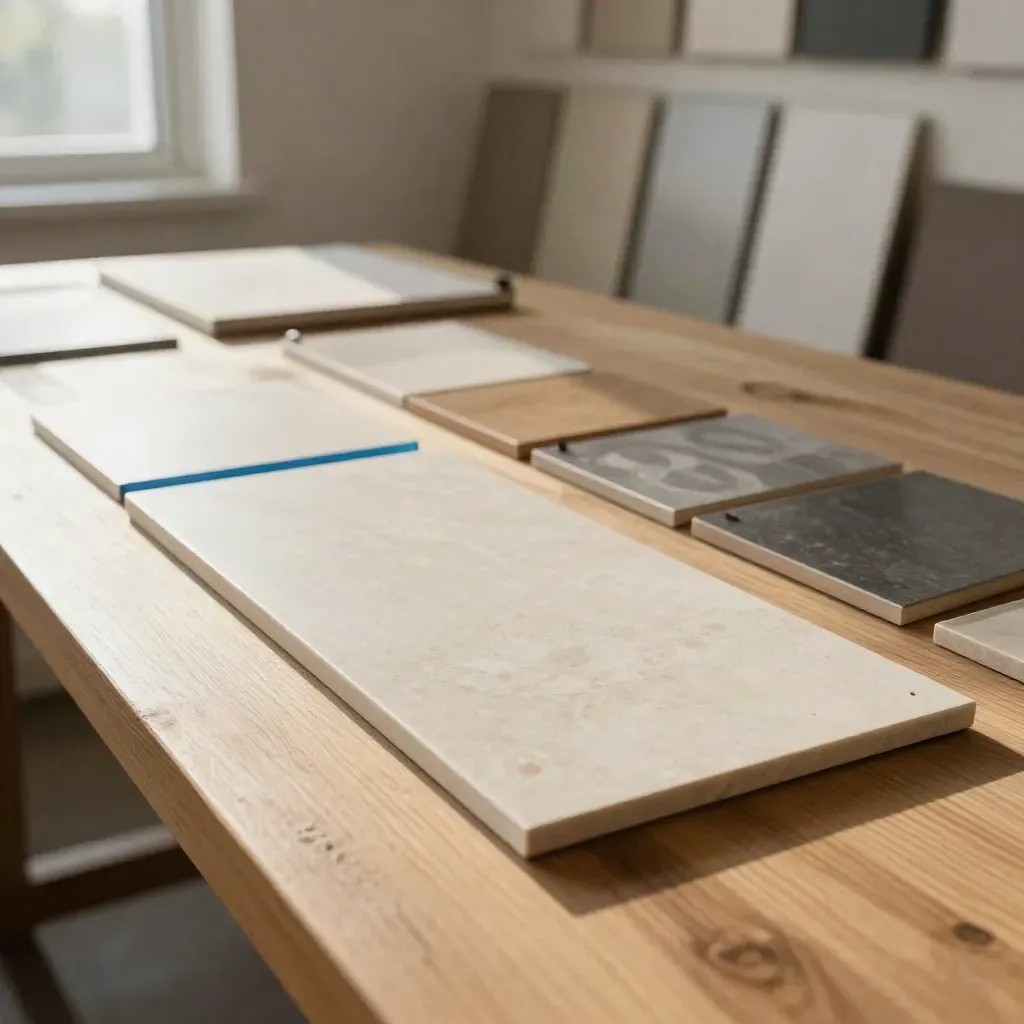 Logo tiles and proof sheets on a sunlit studio table beside a pinned brand-mark board.