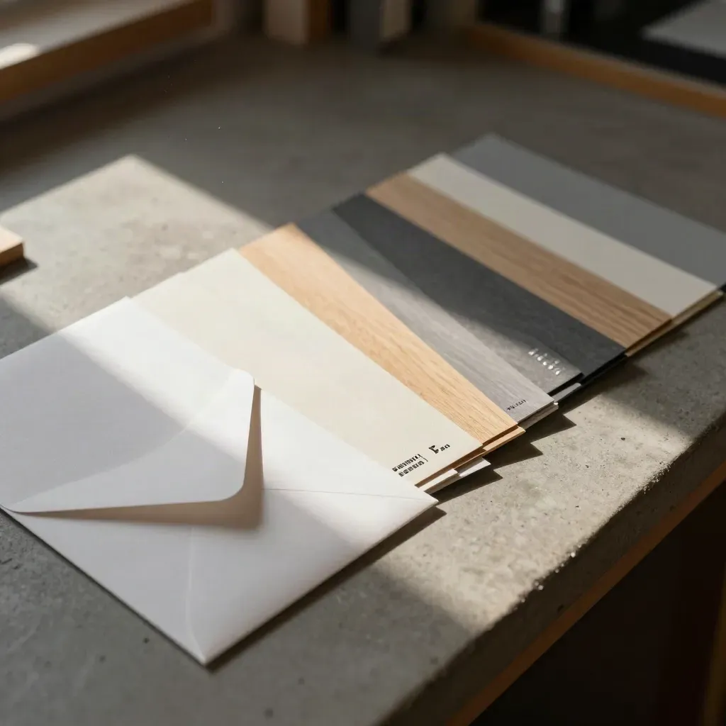 Swatches, envelope samples, and a packaging mockup drift apart on a studio workbench in warm light.