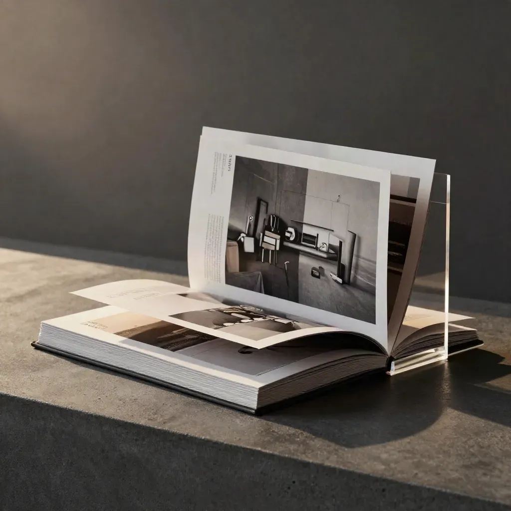 Open design case study spread with acrylic stand and layered image cards in dramatic light.