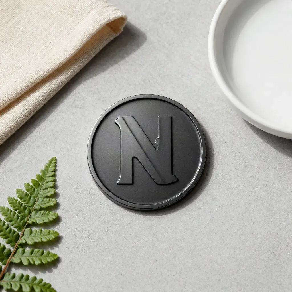 Top-down flatlay of a black logo token with fern, linen, and white ceramic dish on pale concrete.