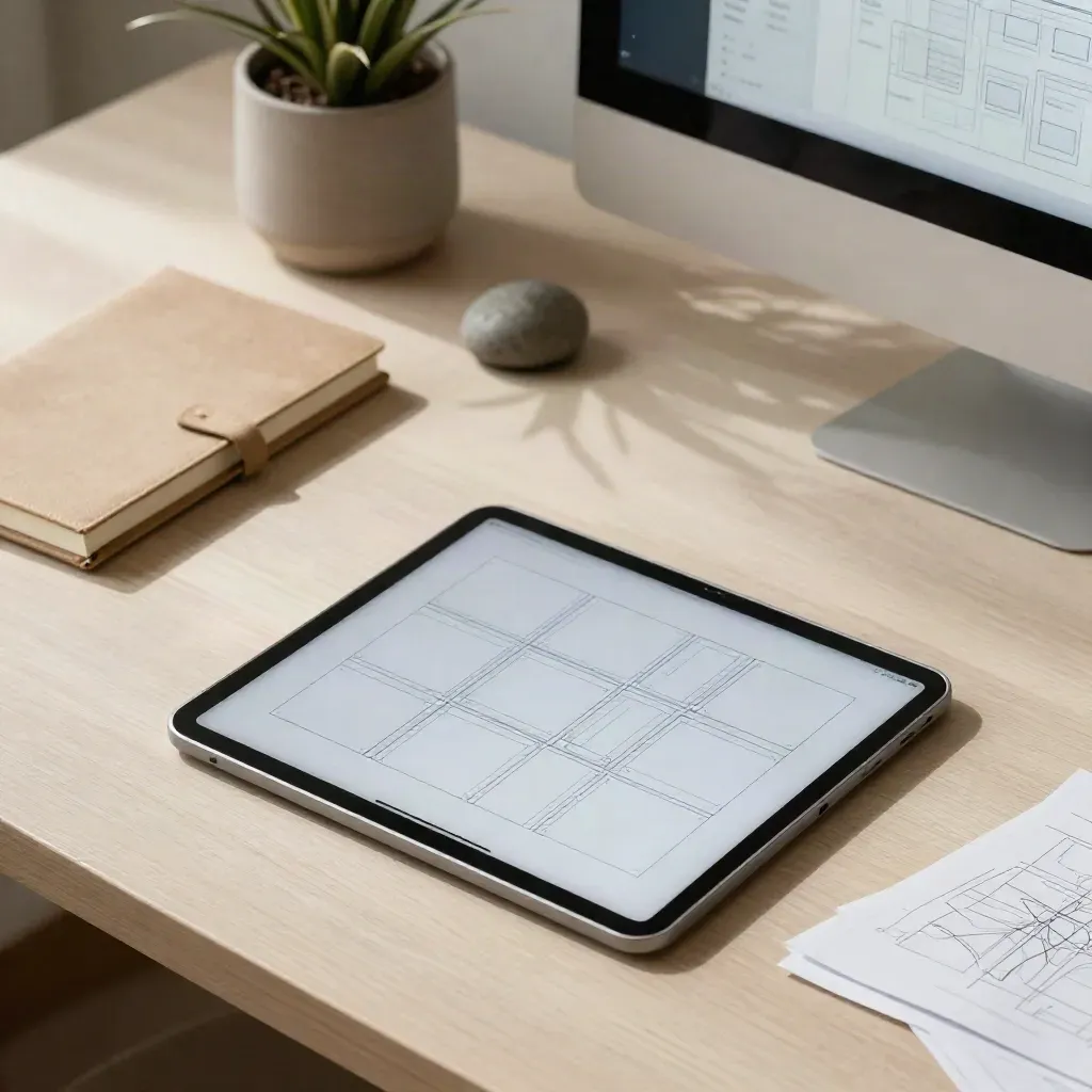 Tablet audit scene with notebook, plant and stone paperweight on pale wood.