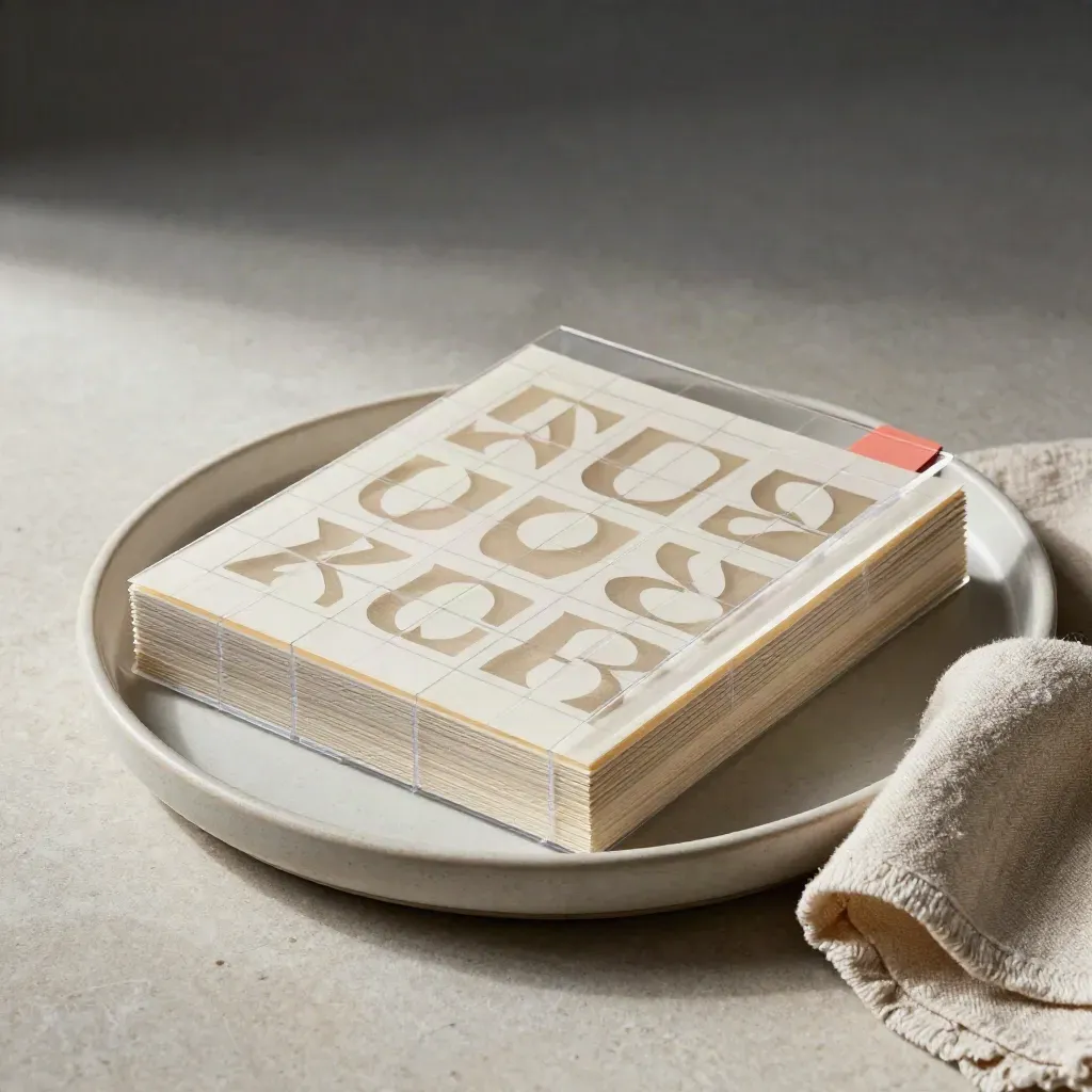 Acetate grids and typography specimen card on a matte ceramic tray, top-down still life.