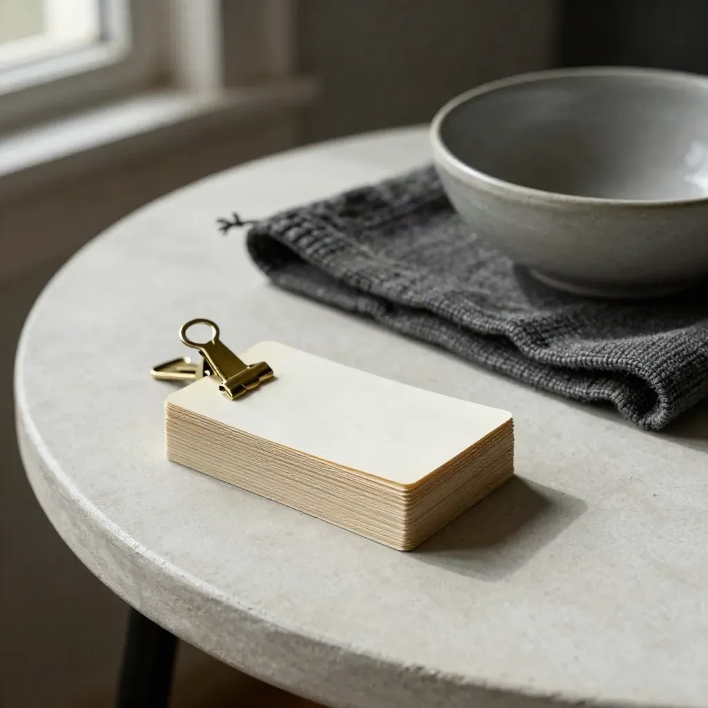 Blank prompt cards clipped with brass, folded wool, and a matte bowl on a plaster side table.