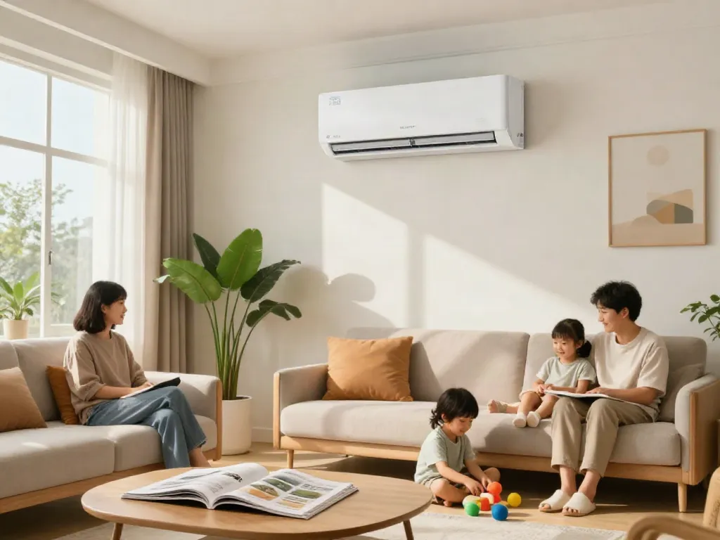 Family enjoying comfort with a mini split AC unit in a modern living room, showcasing energy efficiency and home relaxation.